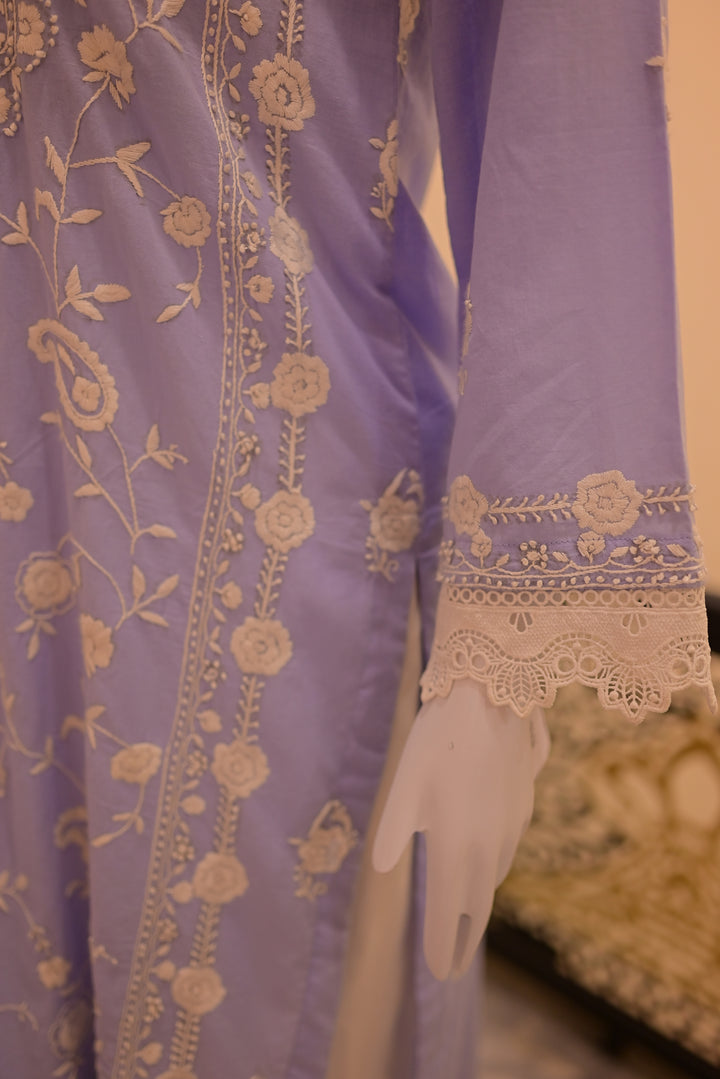 Stitched Shirt+Dupatta(sep) Lawn+Cotton Net-Sky Blue