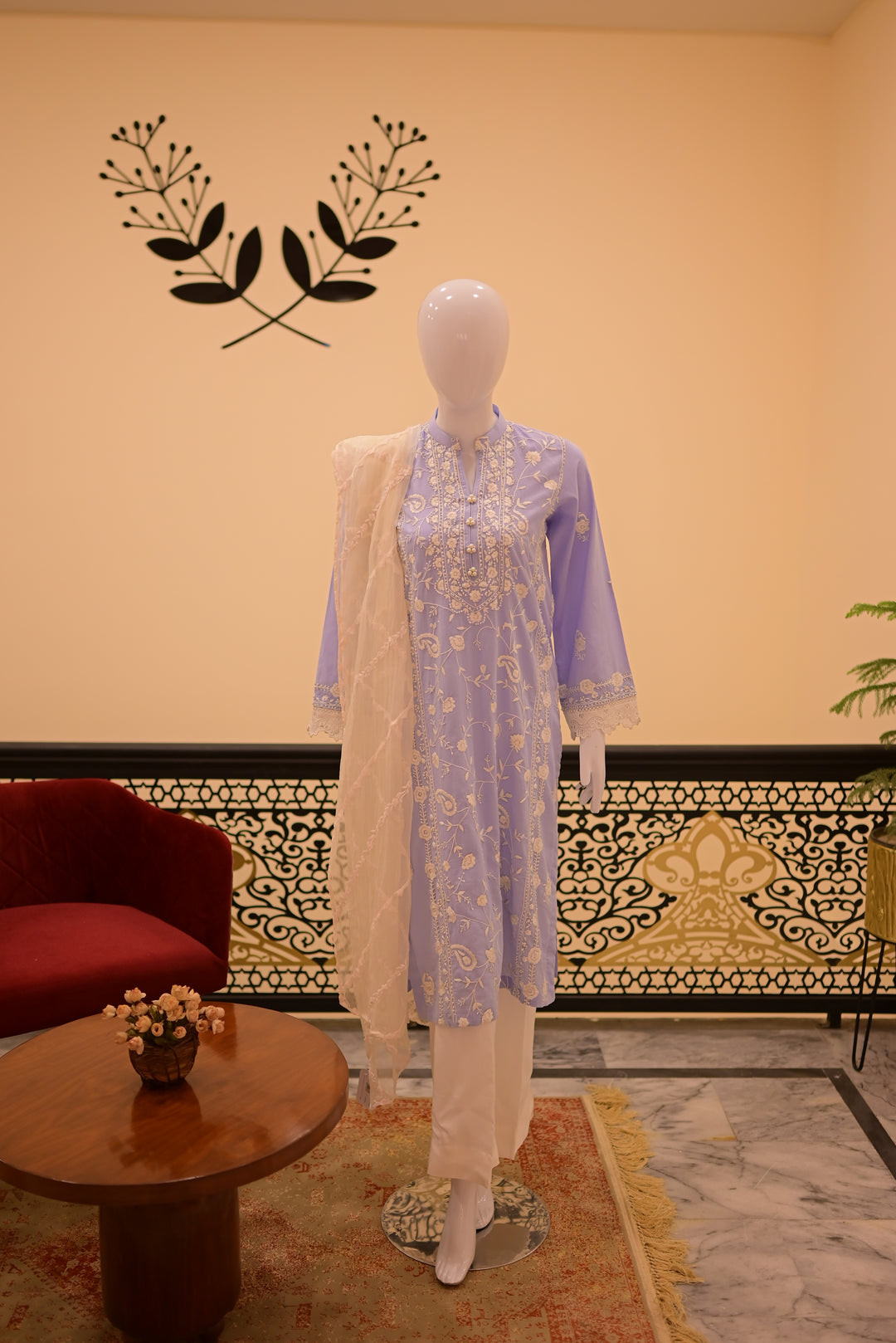 Stitched Shirt+Dupatta(sep) Lawn+Cotton Net-Sky Blue