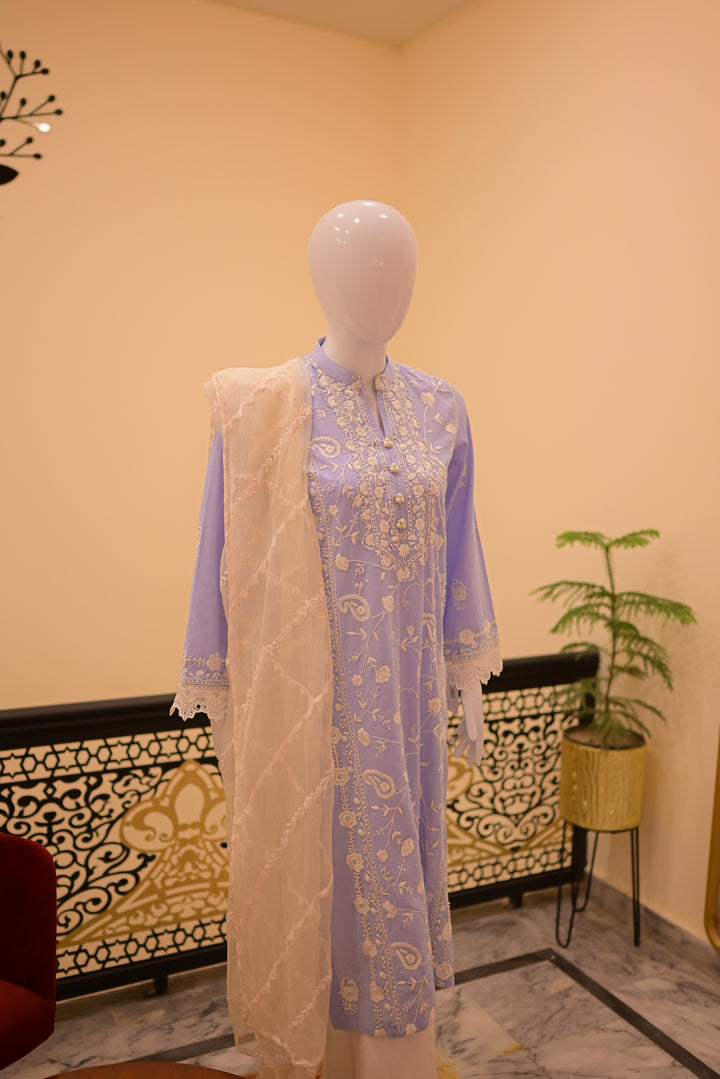 Stitched Shirt+Dupatta(sep) Lawn+Cotton Net-Sky Blue