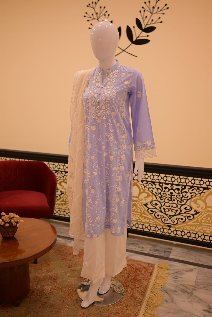 Stitched Shirt+Dupatta(sep) Lawn+Cotton Net-Sky Blue
