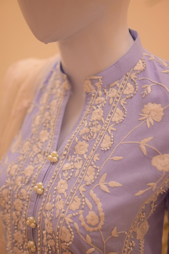 Stitched Shirt+Dupatta(sep) Lawn+Cotton Net-Sky Blue