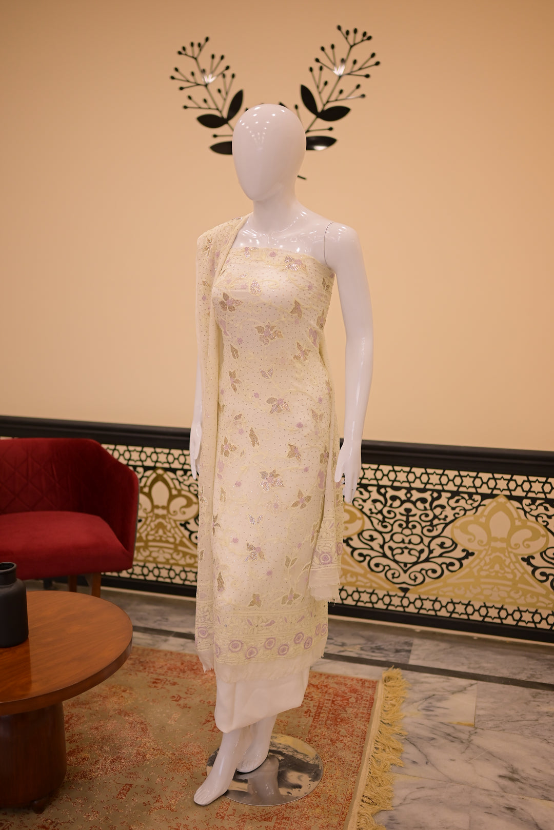 Unstitched 2pc Chiffon Mukeshwhite+Lilac