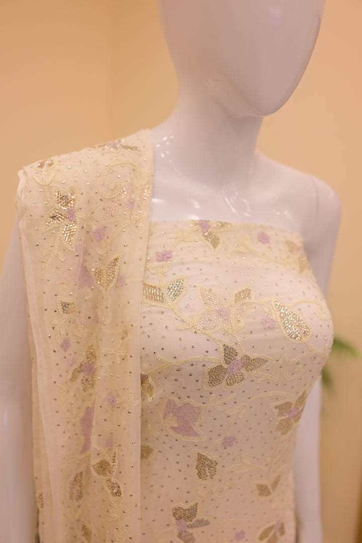 Unstitched 2pc Chiffon Mukeshwhite+Lilac
