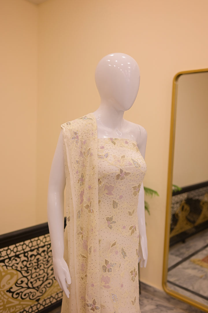 Unstitched 2pc Chiffon Mukeshwhite+Lilac