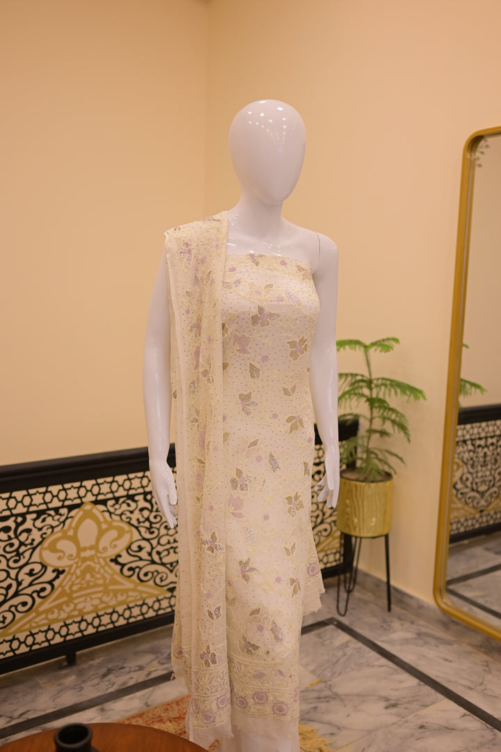 Unstitched 2pc Chiffon Mukeshwhite+Lilac