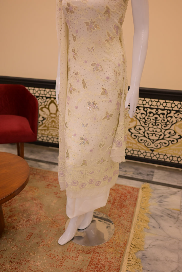 Unstitched 2pc Chiffon Mukeshwhite+Lilac