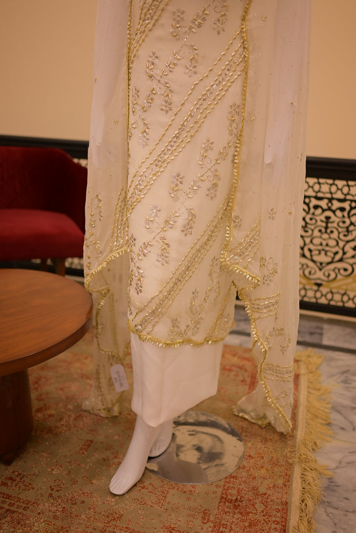 Unstitched 2pc Diamond Mukesh Gota-white