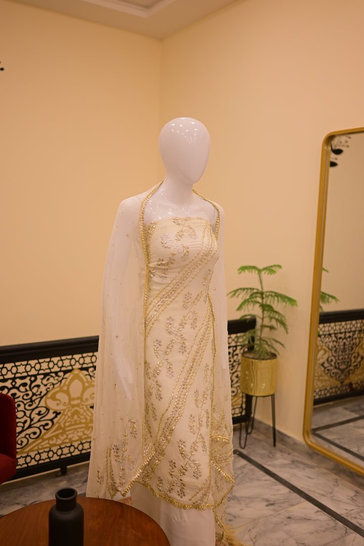 Unstitched 2pc Diamond Mukesh Gota-white