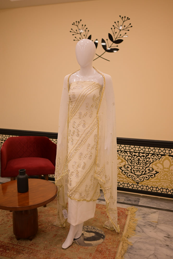 Unstitched 2pc Diamond Mukesh Gota-white