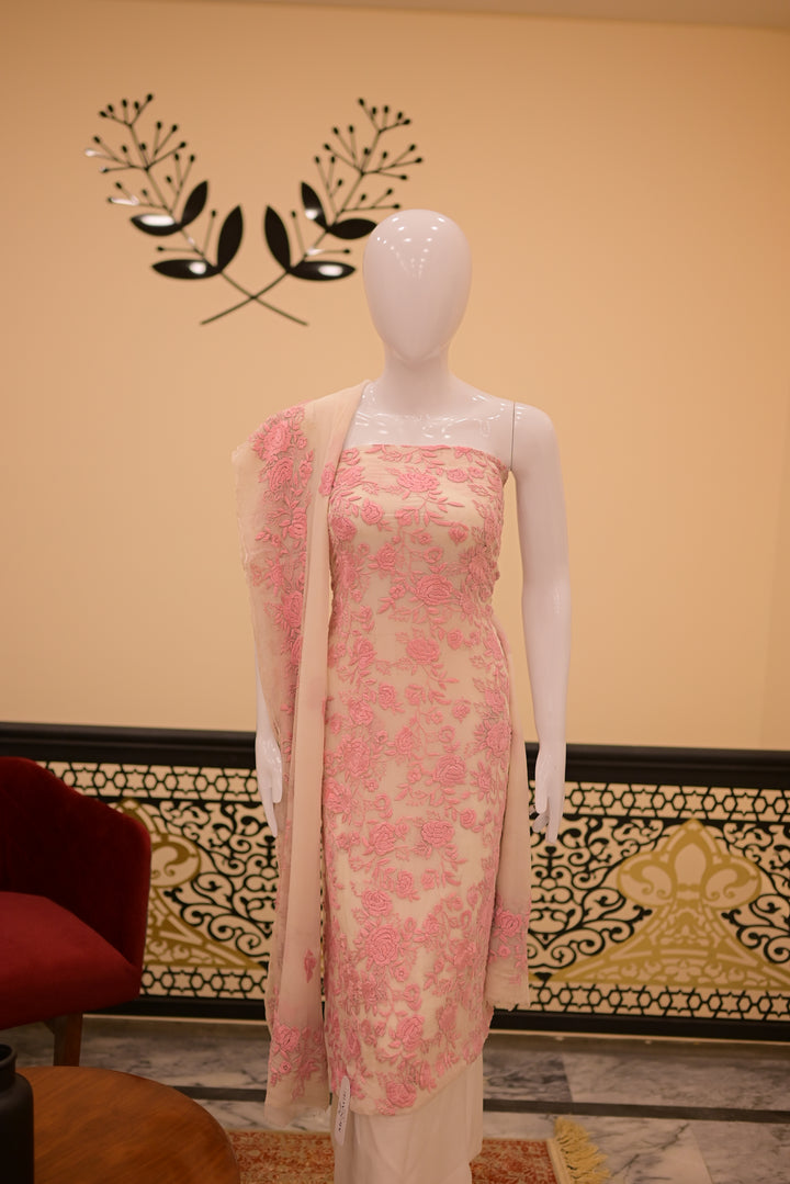 Unstitched 2pc Chiffon Threadwork - White + Pink