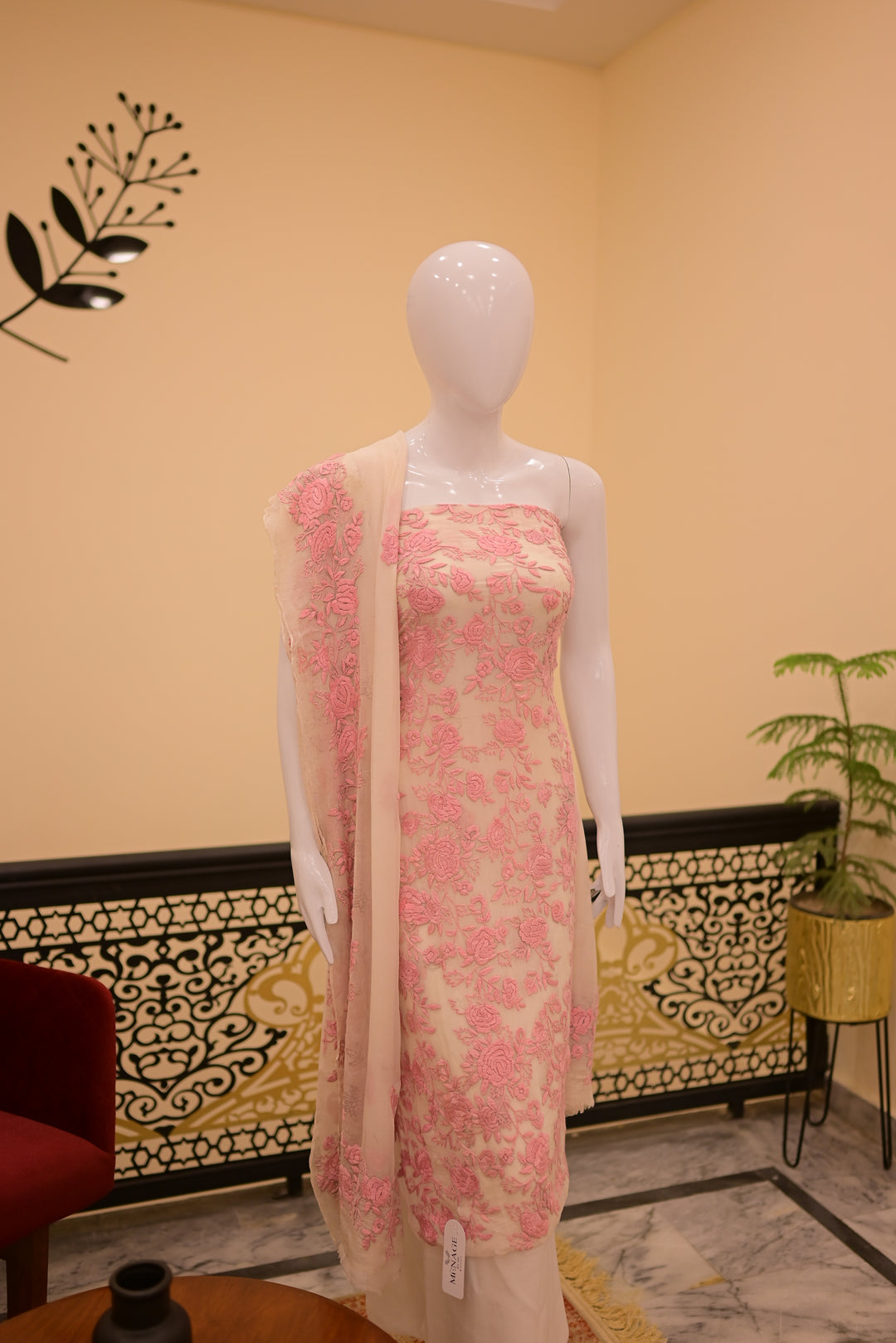 Unstitched 2pc Chiffon Threadwork - White + Pink