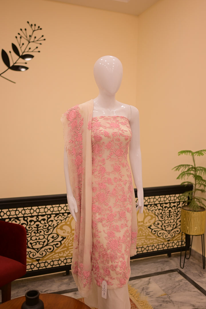 Unstitched 2pc Chiffon Threadwork - White + Pink