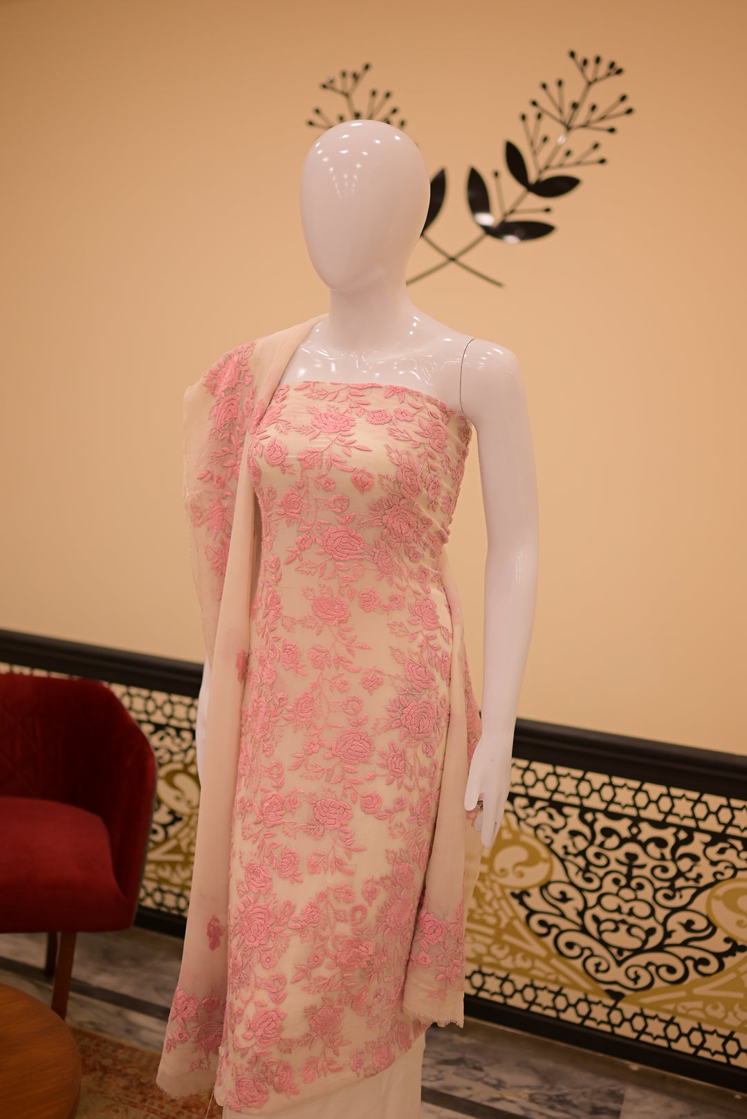 Unstitched 2pc Chiffon Threadwork - White + Pink