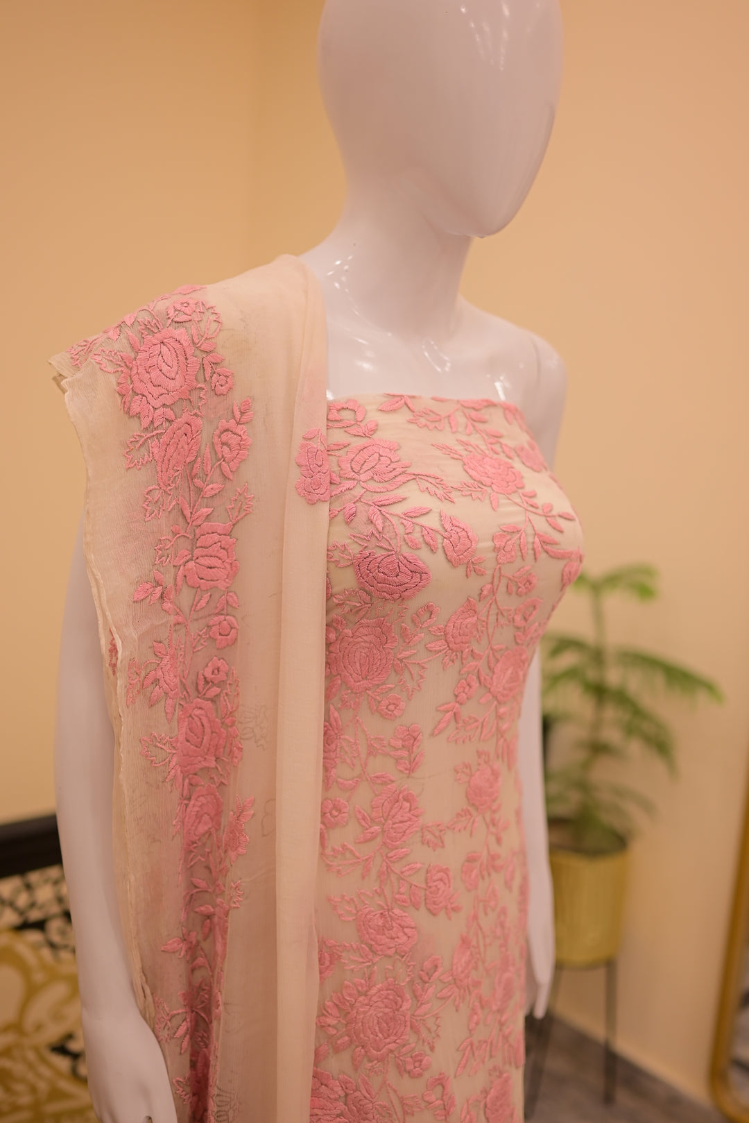 Unstitched 2pc Chiffon Threadwork - White + Pink