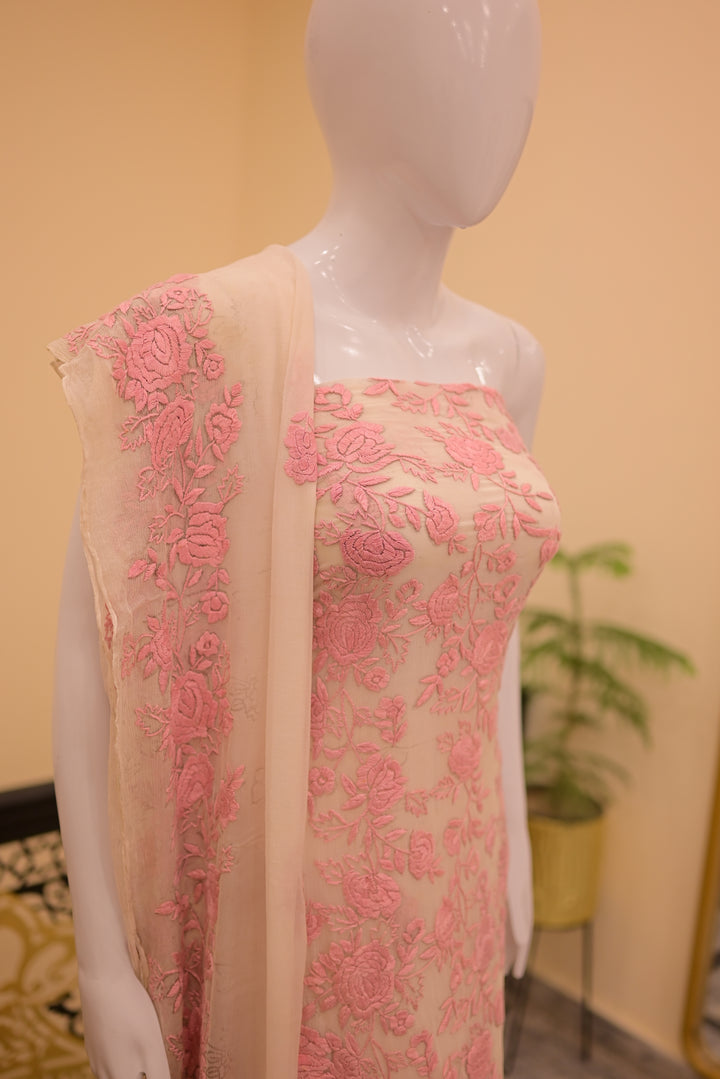 Unstitched 2pc Chiffon Threadwork - White + Pink