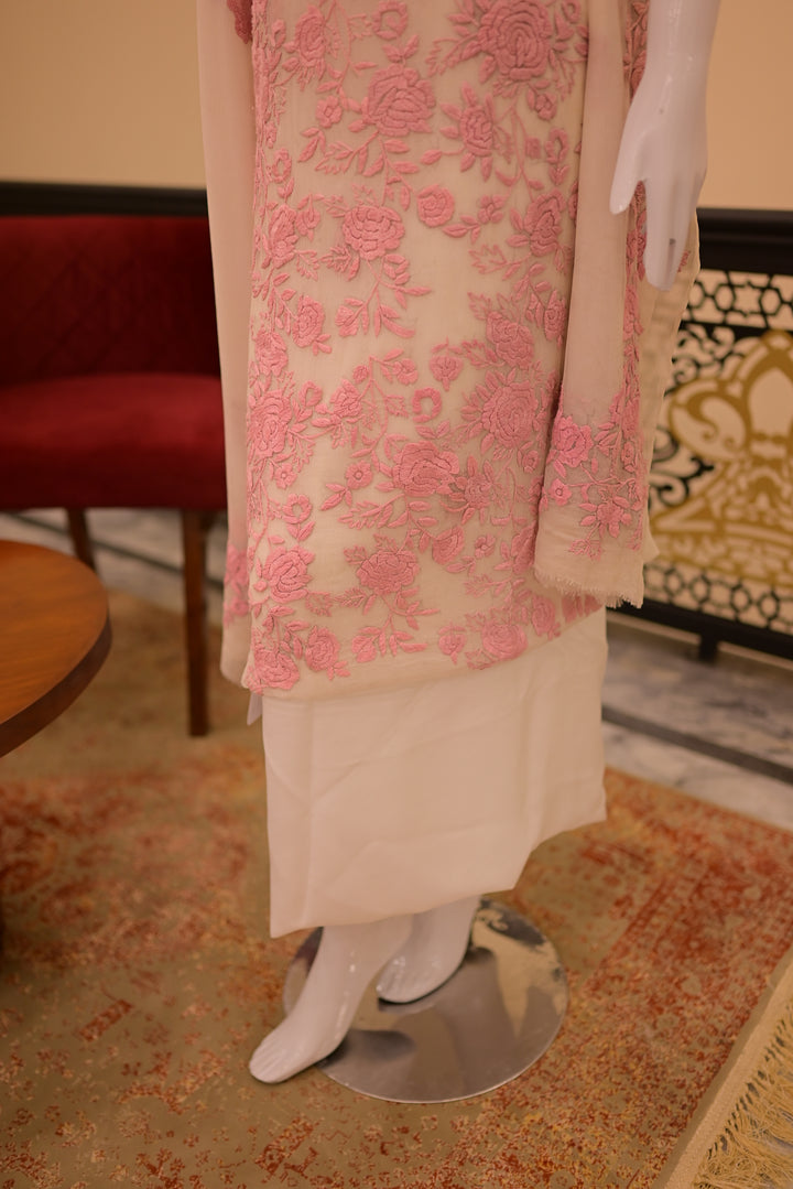 Unstitched 2pc Chiffon Threadwork - White + Pink