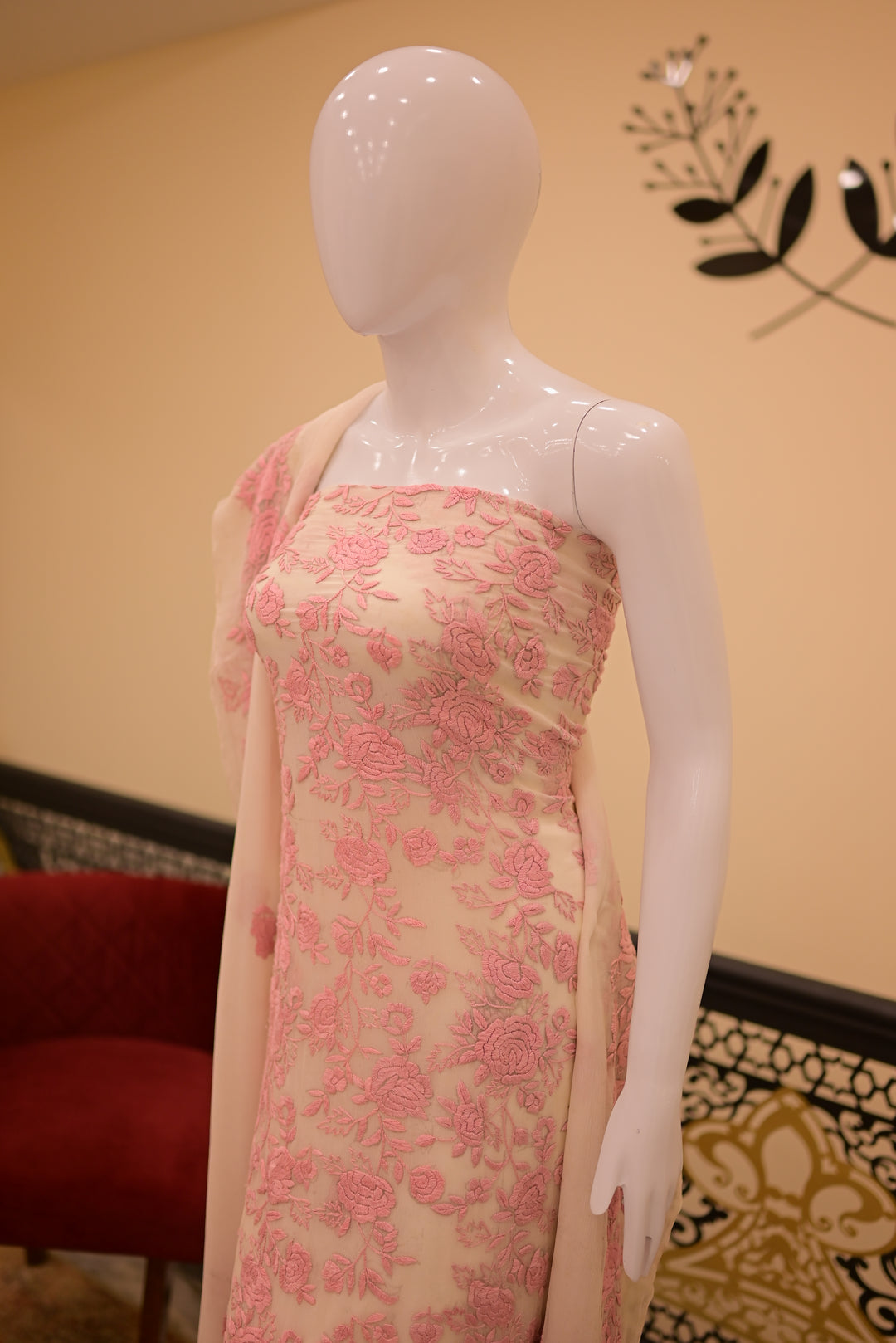 Unstitched 2pc Chiffon Threadwork - White + Pink