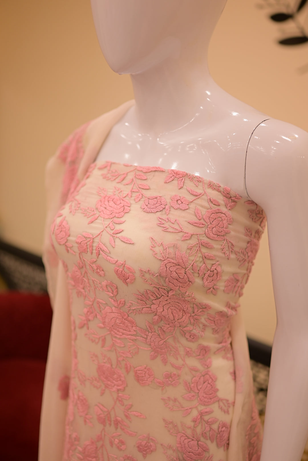 Unstitched 2pc Chiffon Threadwork - White + Pink