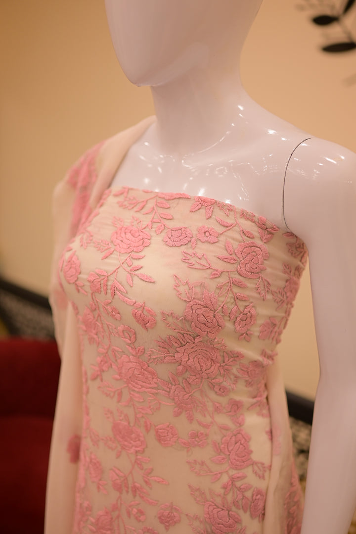 Unstitched 2pc Chiffon Threadwork - White + Pink