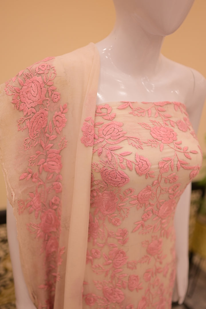 Unstitched 2pc Chiffon Threadwork - White + Pink