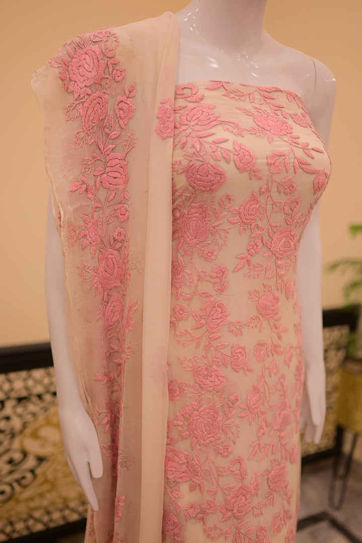 Unstitched 2pc Chiffon Threadwork - White + Pink