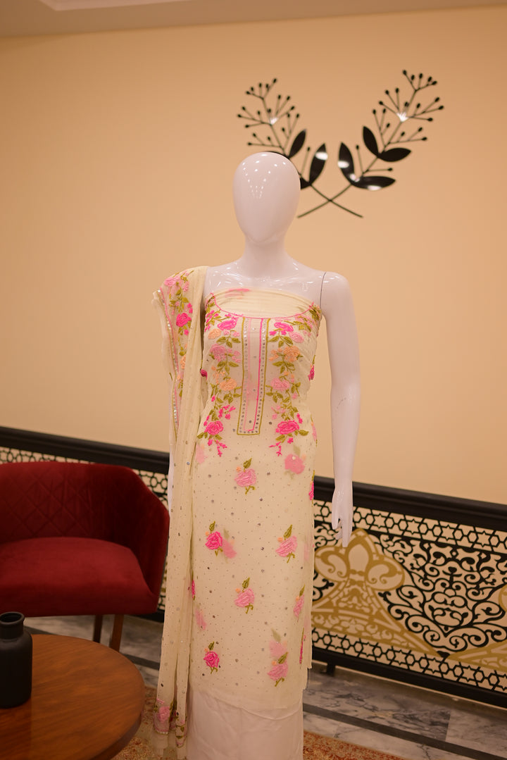 Unstitched  2pc Mukesh Chiffon-White