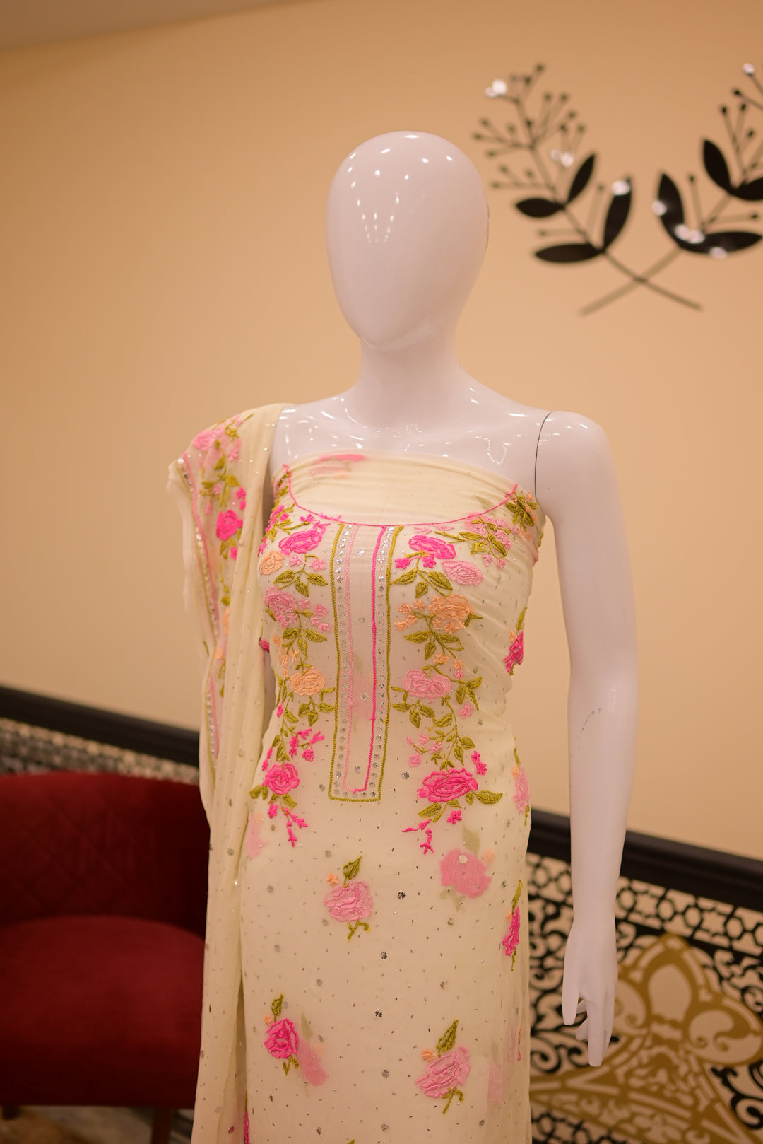 Unstitched  2pc Mukesh Chiffon-White