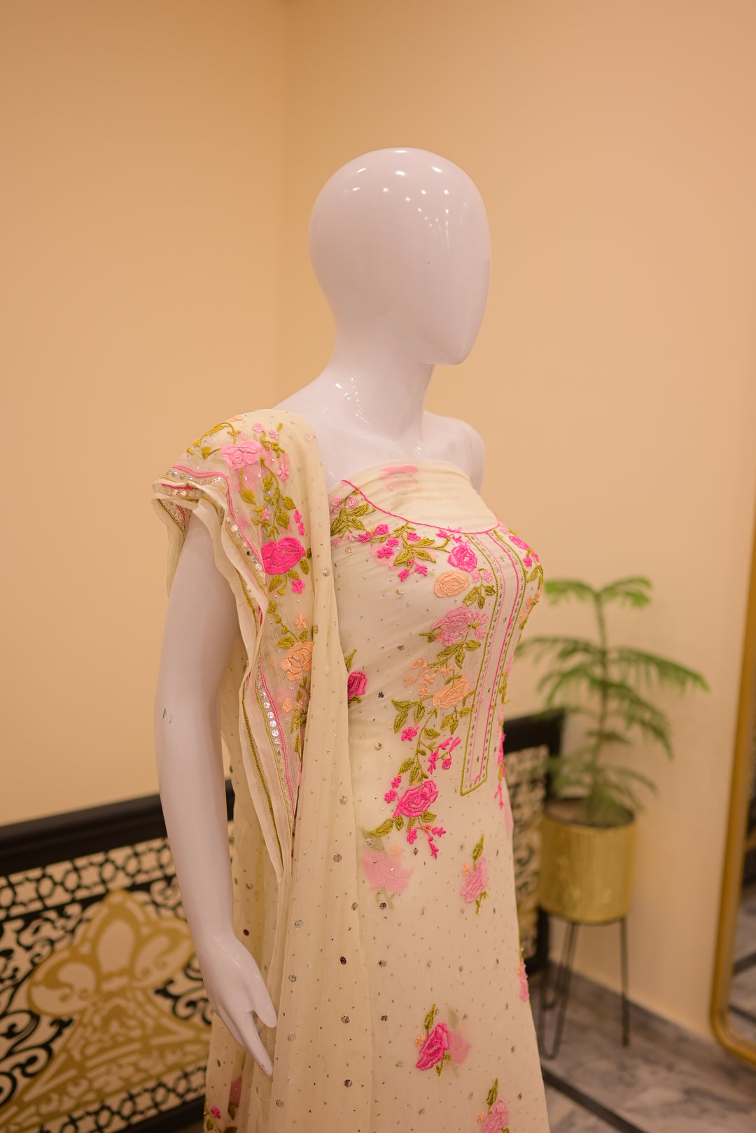 Unstitched  2pc Mukesh Chiffon-White