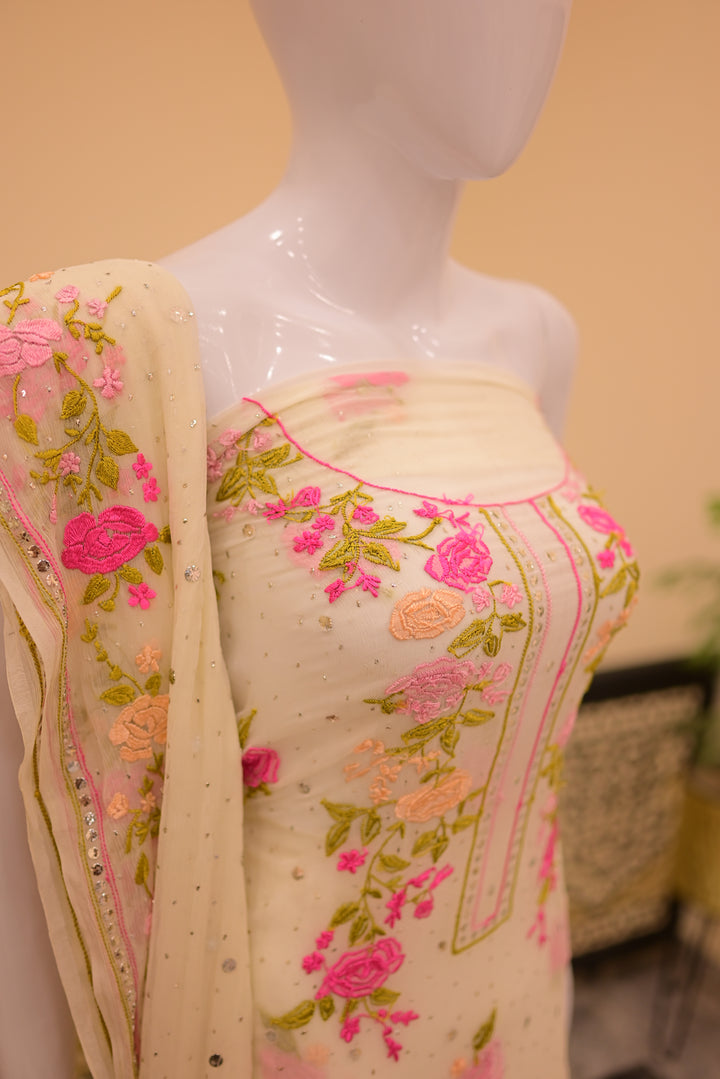 Unstitched  2pc Mukesh Chiffon-White