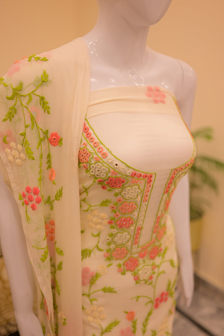 Unstitched 2pc Chiffon Mirror Work-Green Orange