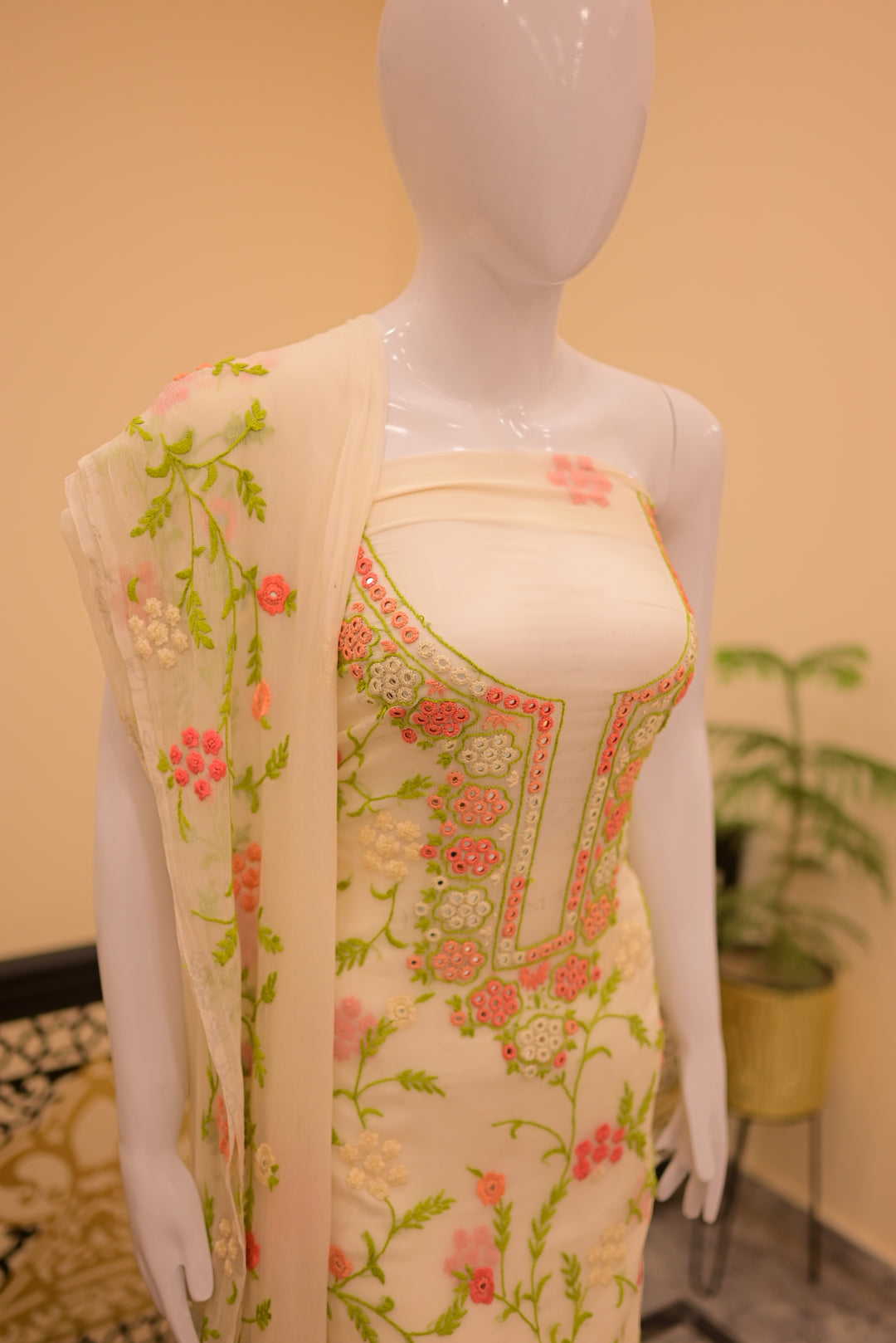 Unstitched 2pc Chiffon Mirror Work-Green Orange