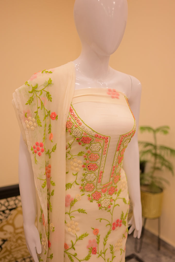 Unstitched 2pc Chiffon Mirror Work-Green Orange