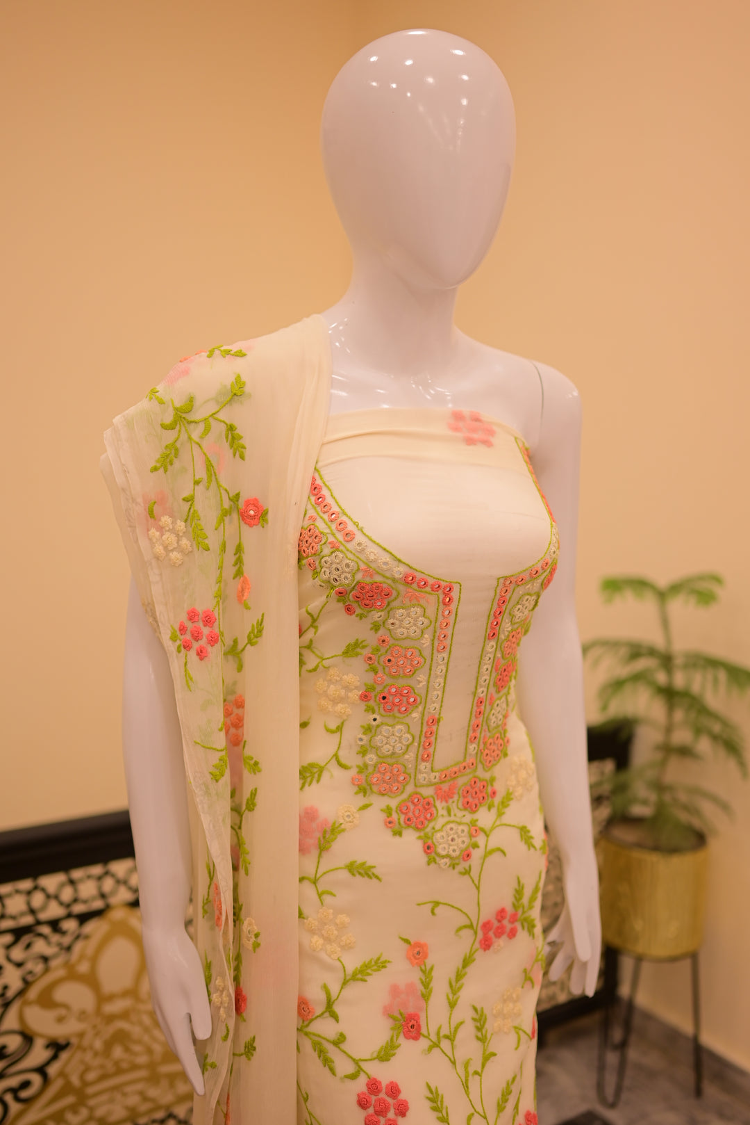 Unstitched 2pc Chiffon Mirror Work-Green Orange