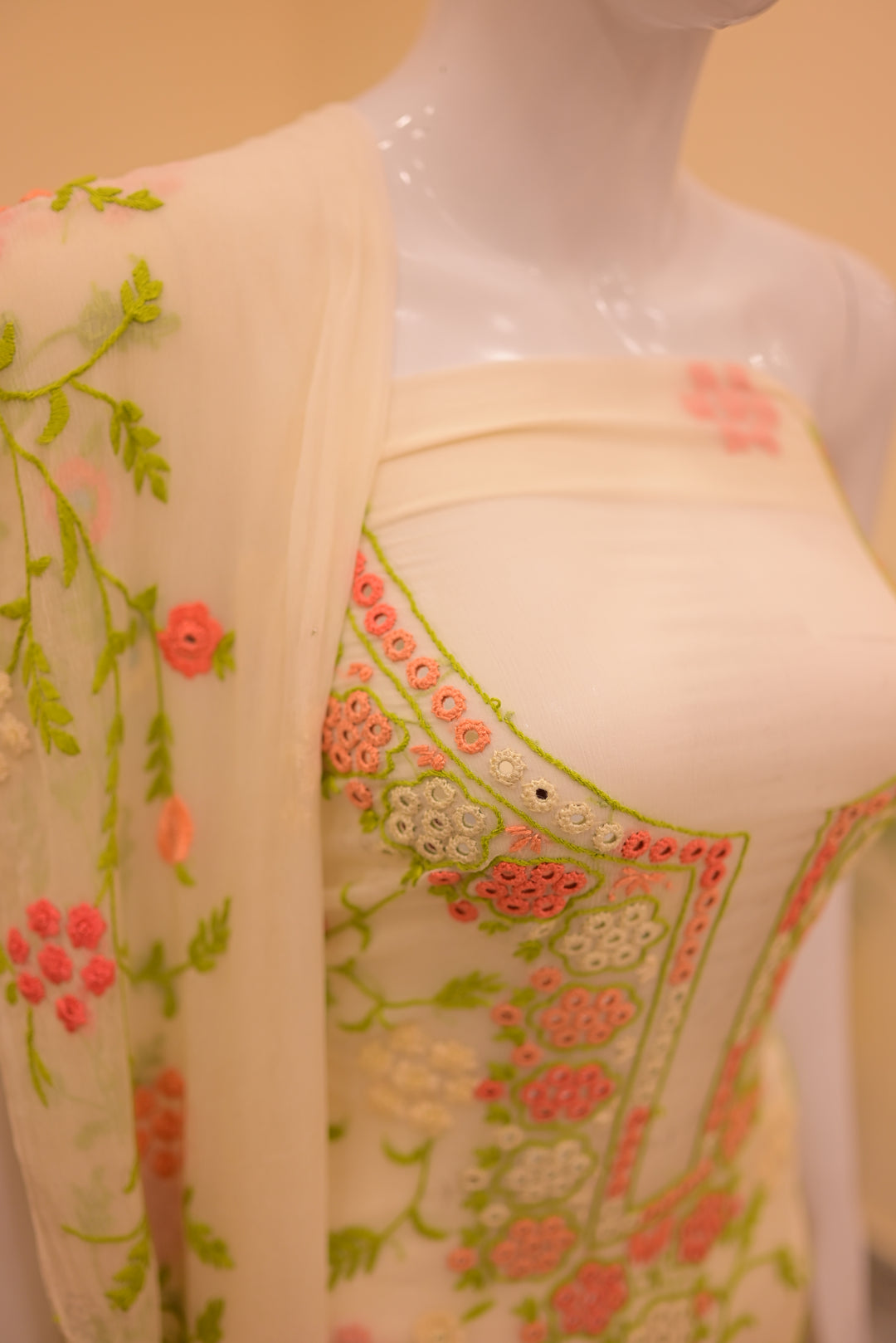 Unstitched 2pc Chiffon Mirror Work-Green Orange