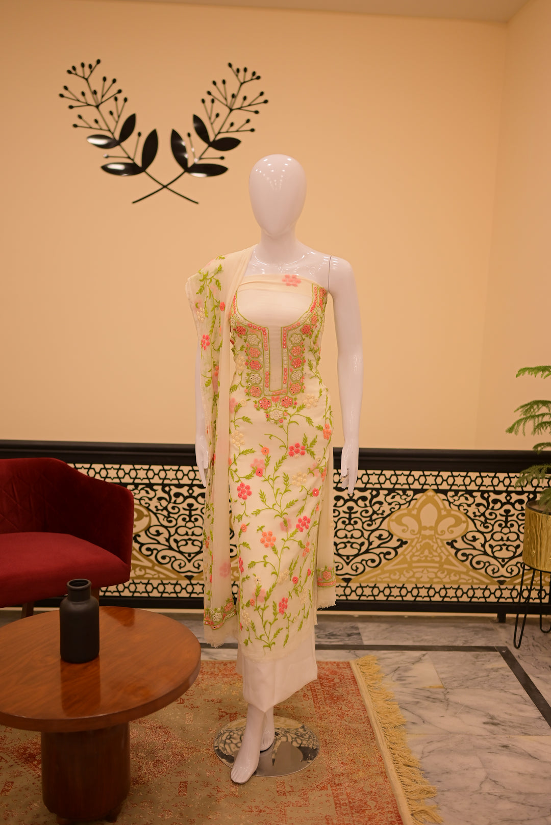 Unstitched 2pc Chiffon Mirror Work-Green Orange