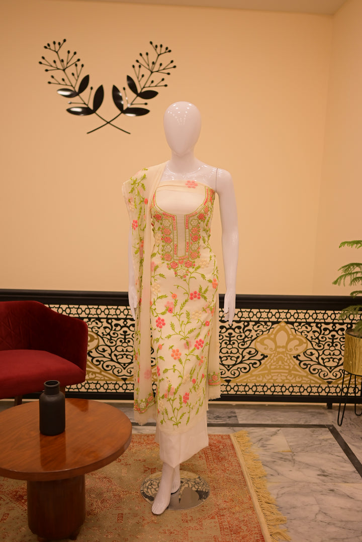 Unstitched 2pc Chiffon Mirror Work-Green Orange