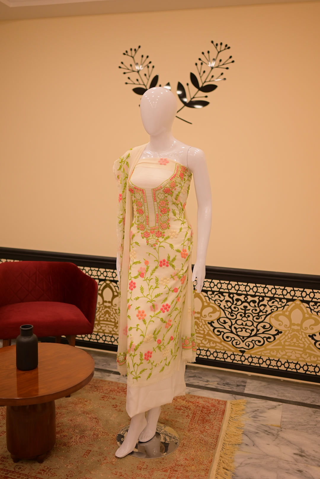 Unstitched 2pc Chiffon Mirror Work-Green Orange