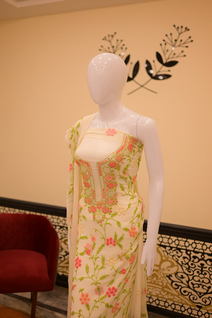 Unstitched 2pc Chiffon Mirror Work-Green Orange