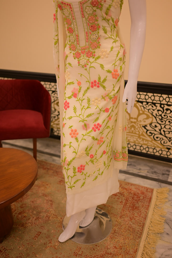 Unstitched 2pc Chiffon Mirror Work-Green Orange