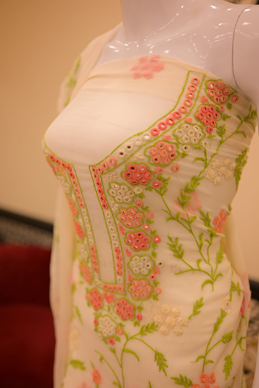Unstitched 2pc Chiffon Mirror Work-Green Orange