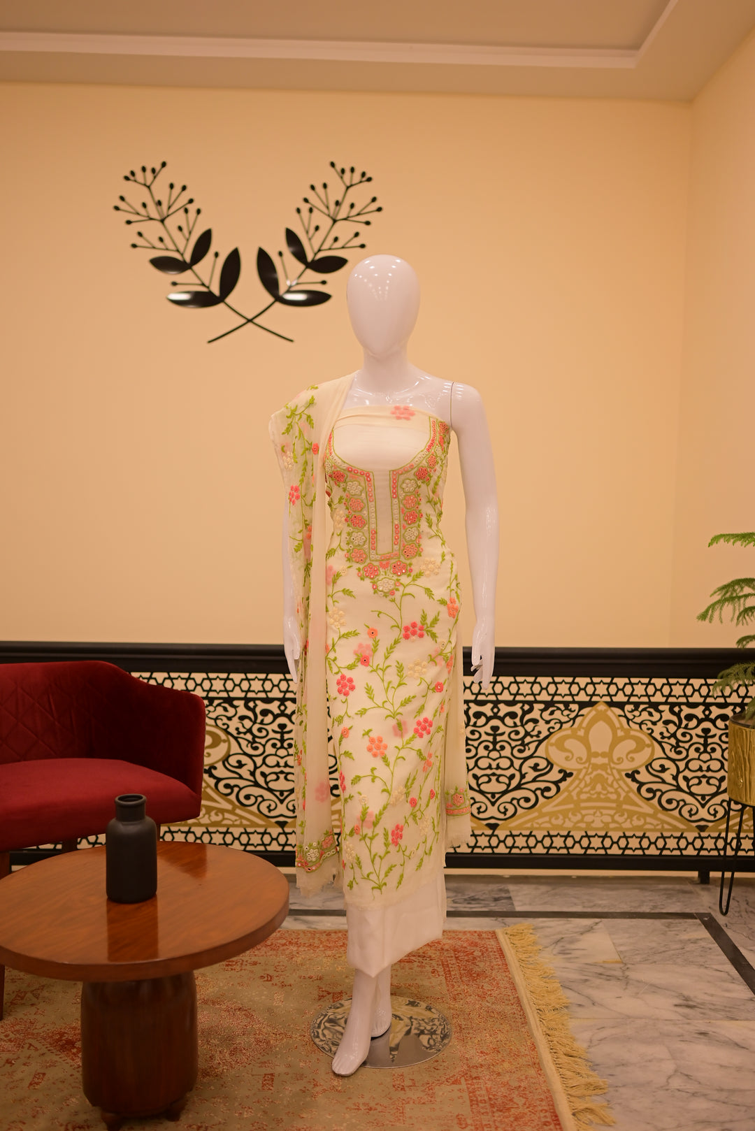 Unstitched 2pc Chiffon Mirror Work-Green Orange