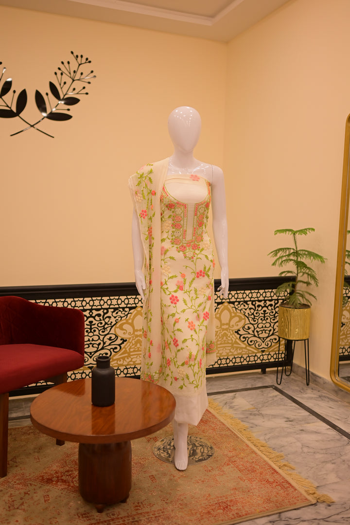 Unstitched 2pc Chiffon Mirror Work-Green Orange