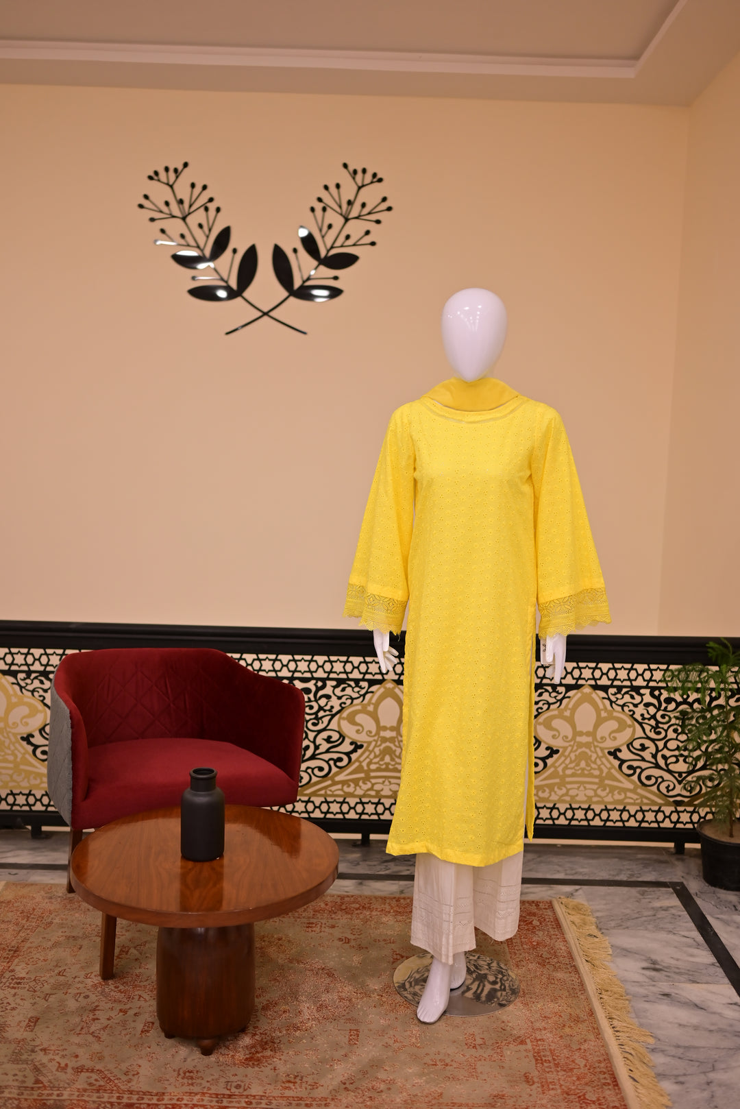 Unstitched 2pc Chiffon Mirror Work-Green Orange