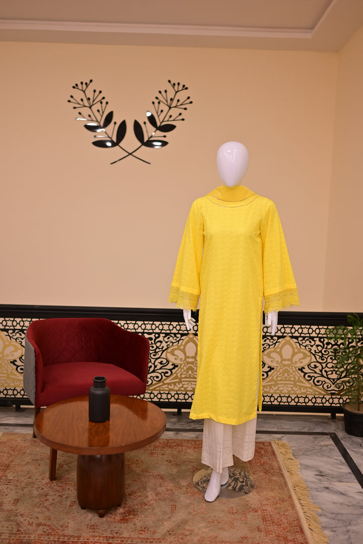 Unstitched 2pc Chiffon Mirror Work-Green Orange