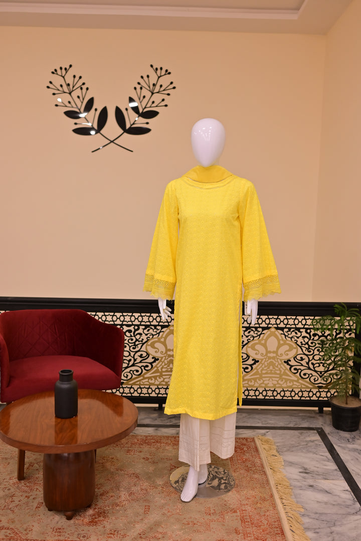 Unstitched 2pc Chiffon Mirror Work-Green Orange