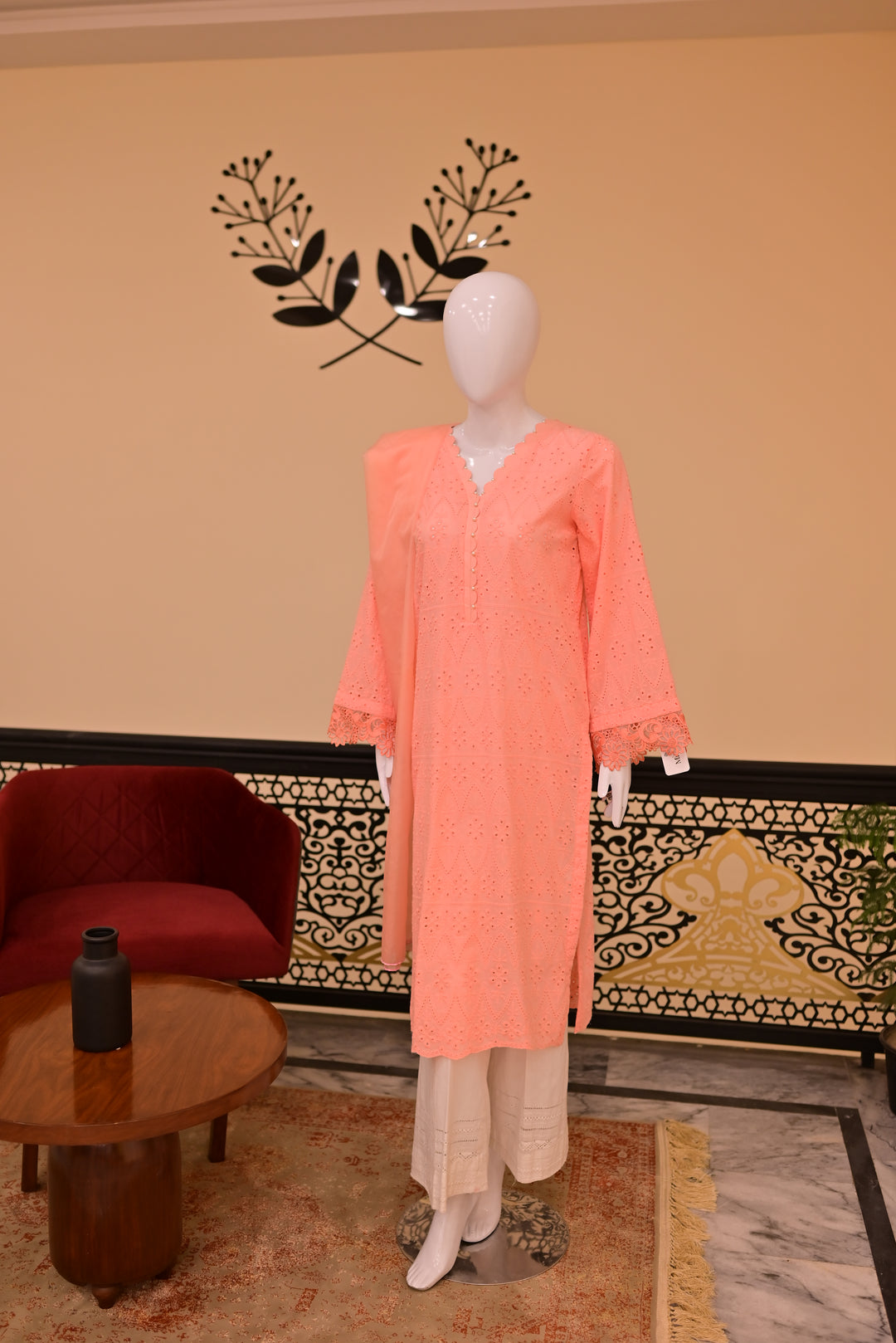 St lawn 2pc Chiken Print-Peach