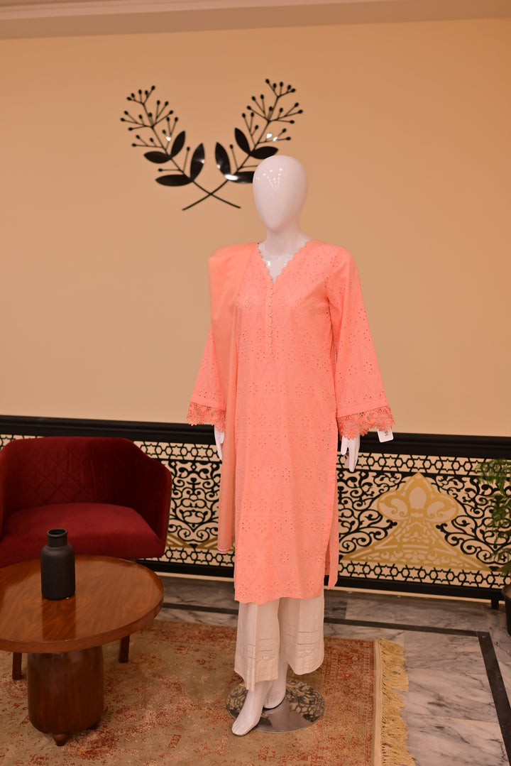 St lawn 2pc Chiken Print-Peach