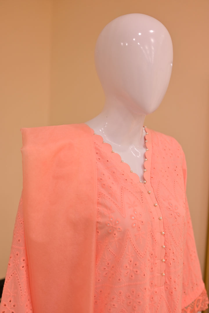 St lawn 2pc Chiken Print-Peach