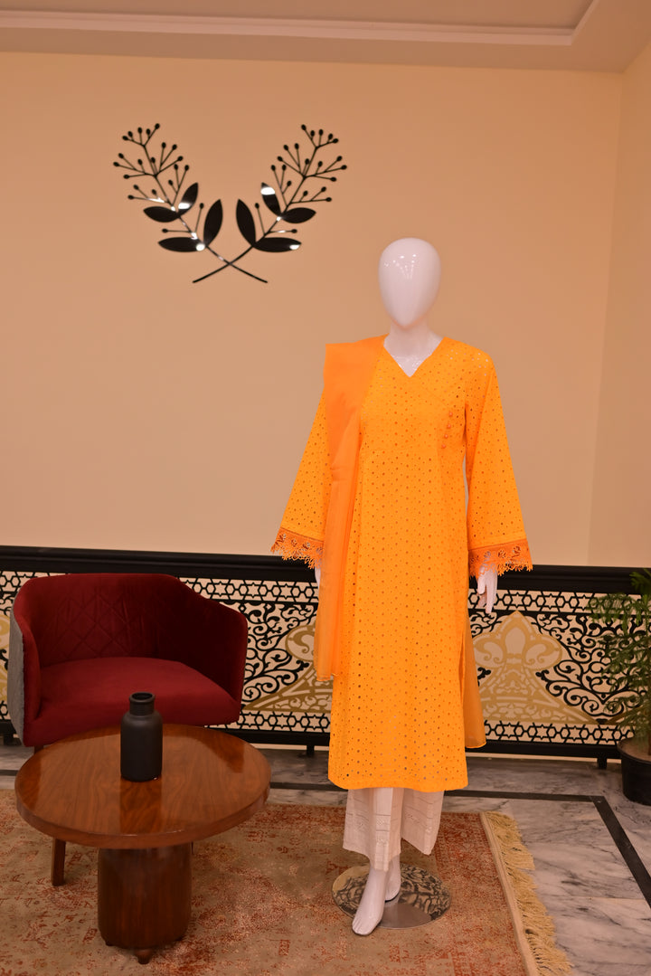 St lawn 2pc Chiken Print-Orange