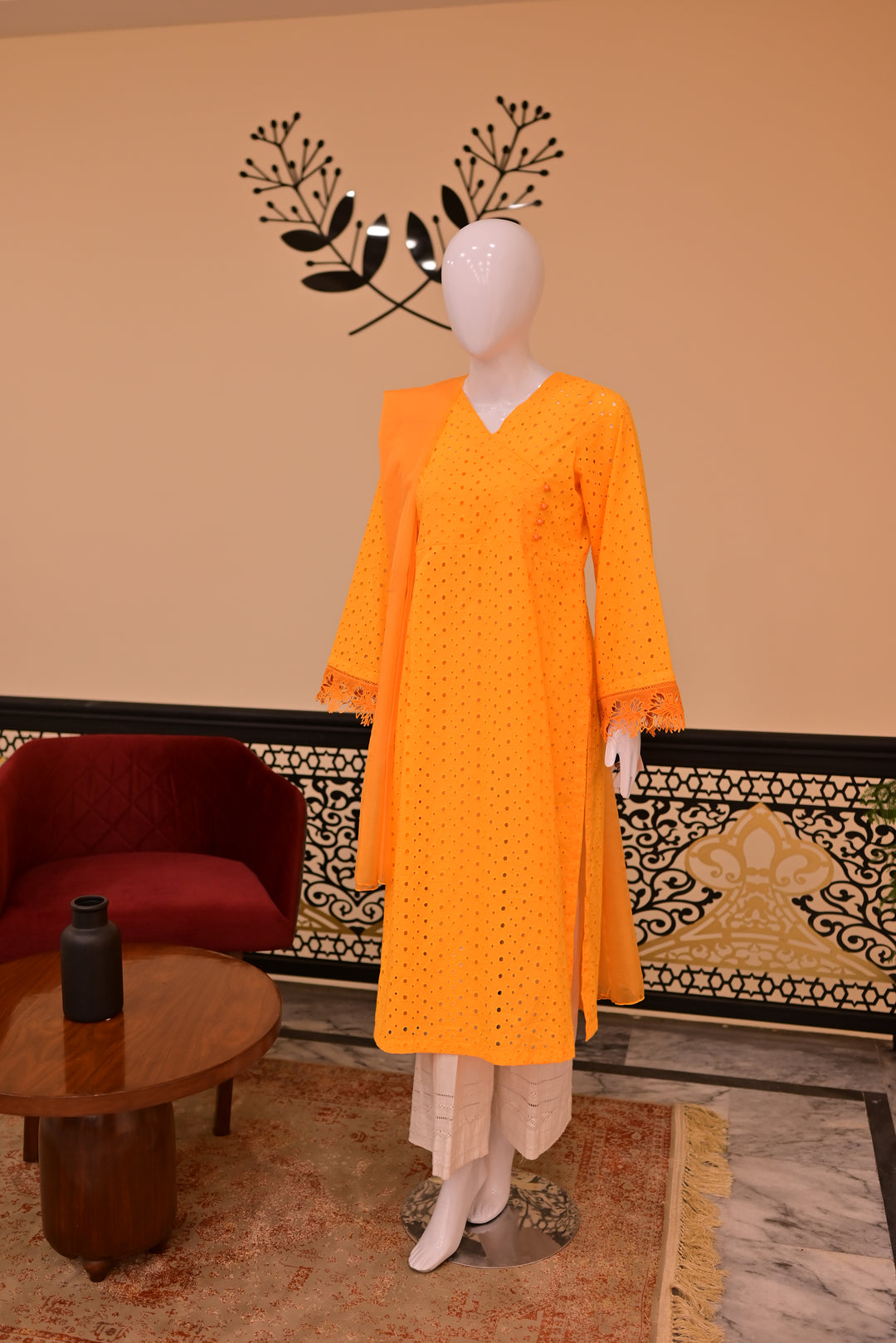 St lawn 2pc Chiken Print-Orange